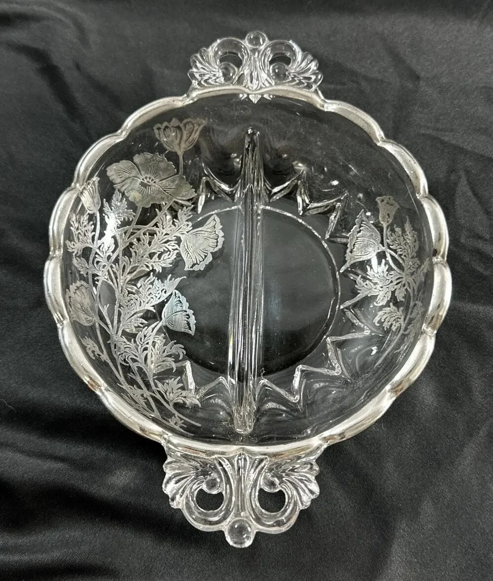 Vintage Clear Glass Divided Relish Dish Etched Poppy Floral Ornate Handles 5.5”